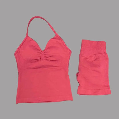 HISTELLO 2 Pieces Sports Set Women Yoga Longline Strap Top Scrunch Seamless Shorts Sport Gym Set Sportswear Workout Fitness Set