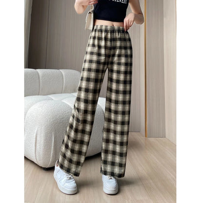 Lamb Velvet Fleece Lined Thick Plaid Casual Pants Women's Autumn Winter Loose Straight Leg Wide Leg Cotton Sleepwear Trousers