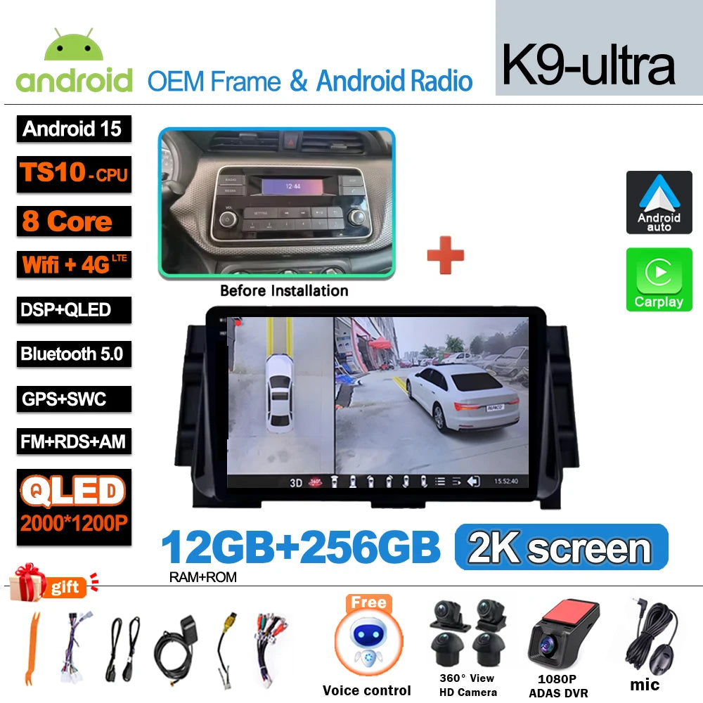 Android 16For NISSAN MICRA KICKS 2017 2018 2019 4G WIFI Car Radio Multimedia Video Player GPS Navigation No 2Din Touch Screen