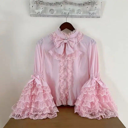 Jirai Kei Lolita Blouse Kawaii Top Women Cute Japanese Style Shirt with Bow Y2K Elegant Long Sleeve Sweet Casual Aesthetic Tops