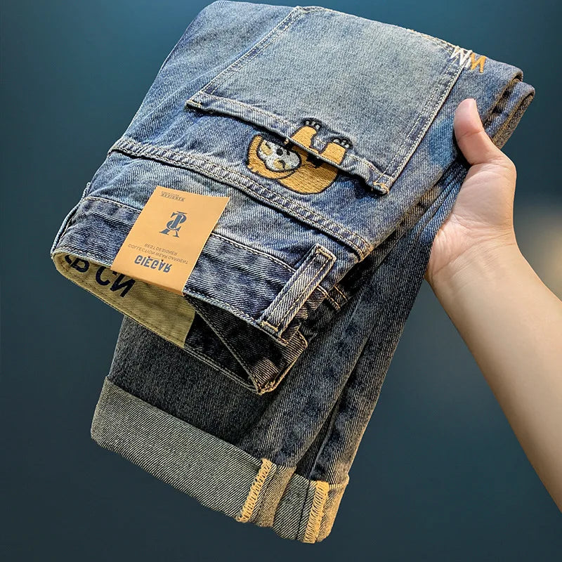 Men's High-End Jeans 2024 Autumn and Winter Trends Loose Straight Trend Embroidered Casual Denim Pants