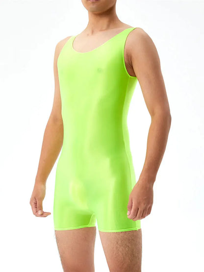 Oil Shiny Glossy Bodysuits Seamless Front Pouch Tights Body Man Sexy Transparent Waist Shapers Men Playsuit Sleeveless Bodysuit