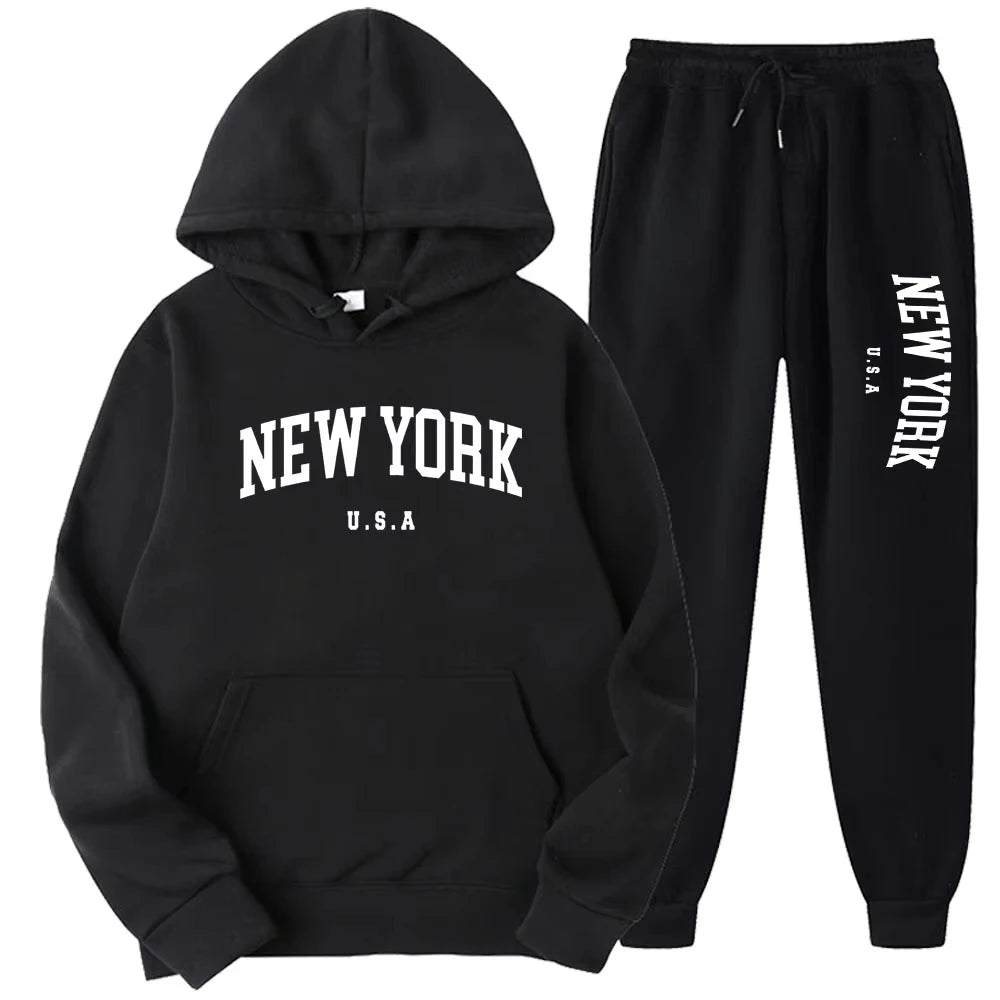 New York Print Hoodies Casual American Style Hoodie Set Mens Autumn Long Sleeves Hooded Loose Pullover Street Sweatshirt