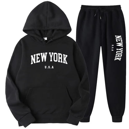 New York Print Hoodies Casual American Style Hoodie Set Mens Autumn Long Sleeves Hooded Loose Pullover Street Sweatshirt