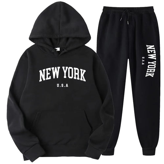 New York Print Hoodies Casual American Style Hoodie Set Mens Autumn Long Sleeves Hooded Loose Pullover Street Sweatshirt