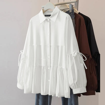 2025 Autumn Blouse ZANZEA Office Women Shirt Spring Elegant Lapel Neck Long Sleeve Tops Solid Button Up Blusas Lace-Up Chemise