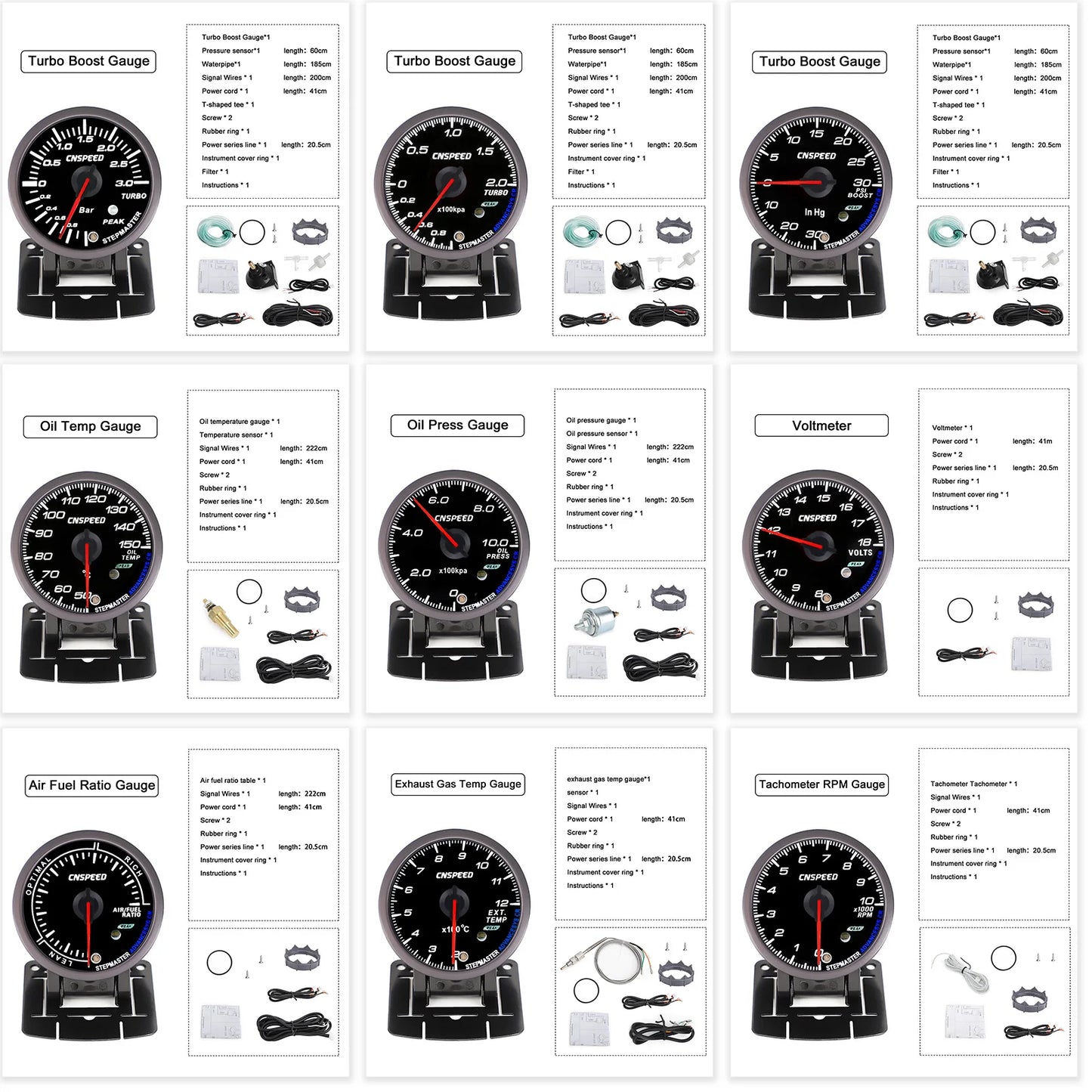 CNSPEED 2.5" 60mm New Boost Gauge Exhaust Gas Car Temperature Gauge Oil Pressure Water Temperature Oil Temperature Voltage Meter