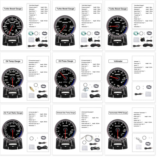 CNSPEED 2.5" 60mm New Boost Gauge Exhaust Gas Car Temperature Gauge Oil Pressure Water Temperature Oil Temperature Voltage Meter