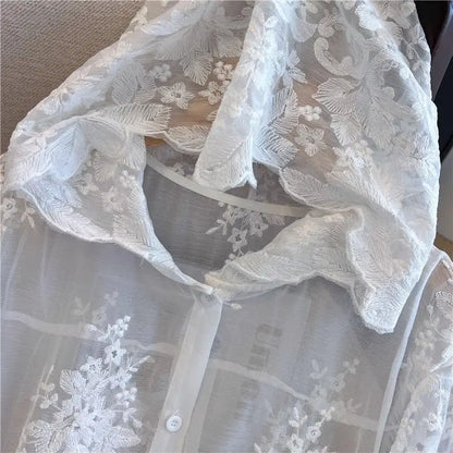 Elegant Thin Lace Hat Shirt Women's Loose Fit Summer 2025 plus Size Slimming Korean Style Long Sleeve Button up