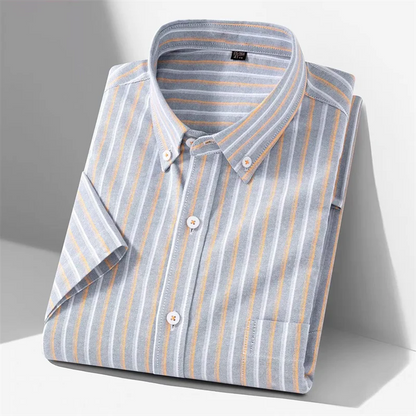New 100% Cotton Men's Oxford Shirts Short Sleeve Summer Stripe Casual Formal Dress Social Regular Fit White Fashion Clothes 5XL