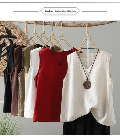 Slimming Pure Color Cotton Linen Lightweight Sleeveless round Neck Inner Wear Large Size Women's Fashionable Versatile Top