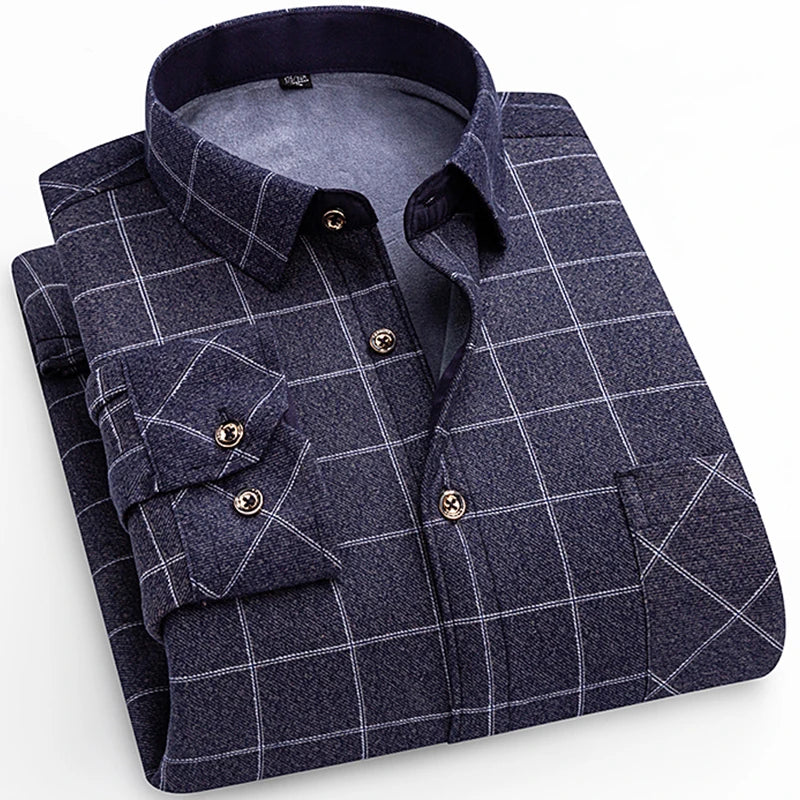 Winter Warm Shirt For Man Thickened Flannel Plaid Casual Menswear Long Sleeve Plus Fleece Big Size Regular Fit Smart Dress Shirt