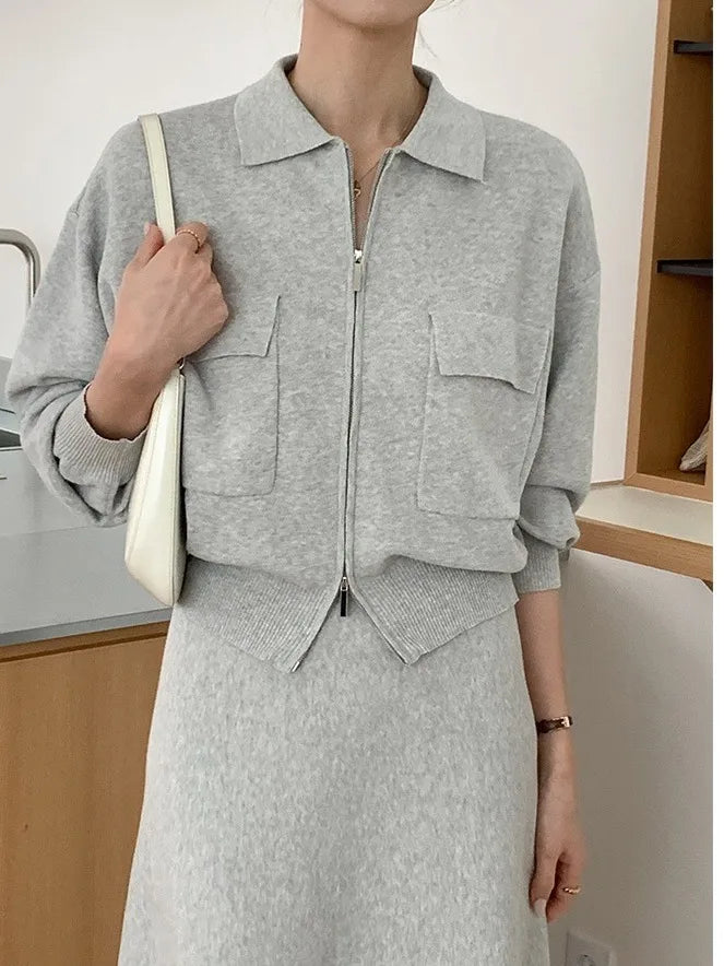 Korean Style Women's Fashion Short Knitted Top High Waist Skirt Sweater Two-Piece Set Chic Autumn Wear for Adults