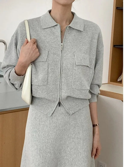 Korean Style Women's Fashion Short Knitted Top High Waist Skirt Sweater Two-Piece Set Chic Autumn Wear for Adults