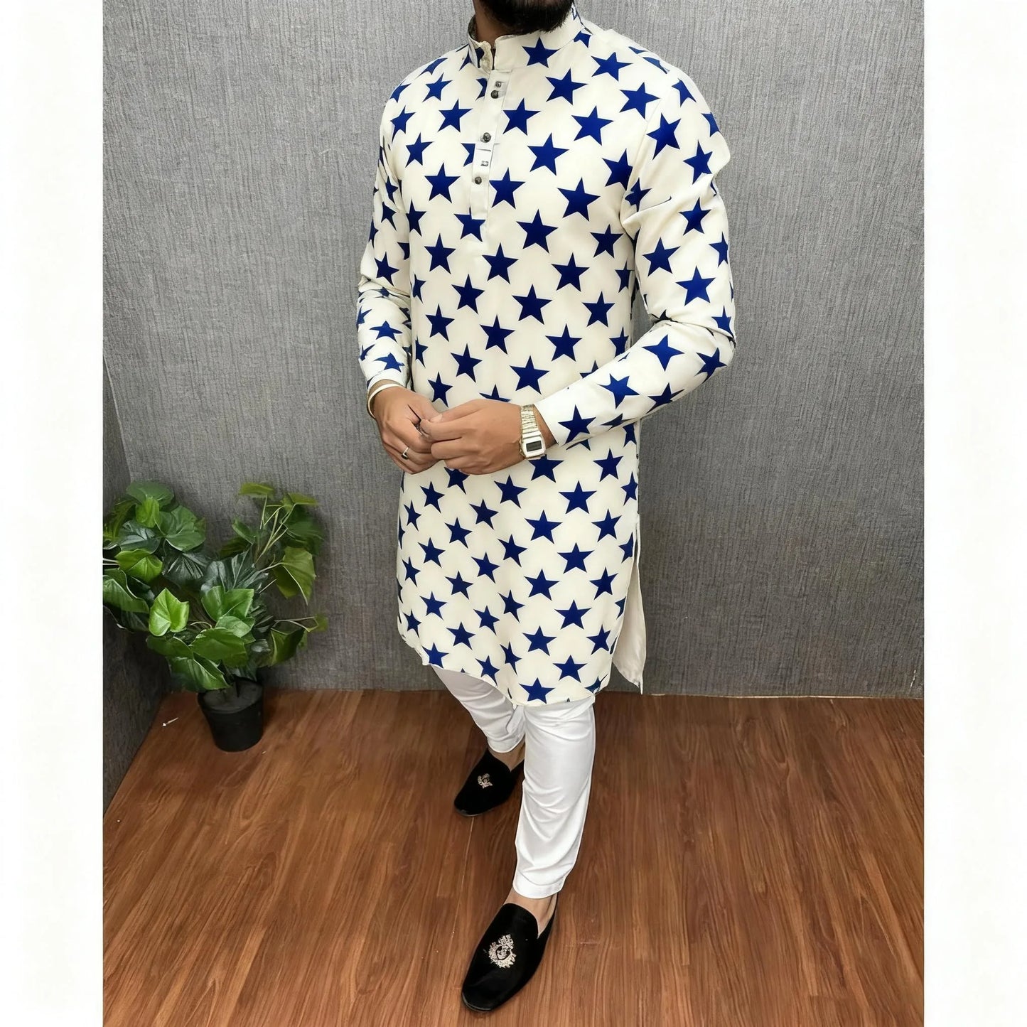 Men Islamic Arabic Abaya Robe Ethnic Print Stand Collar Youth Mid-length Shirt Luxury Coat Moslim Kleding Vestiti Musulmani Uomo