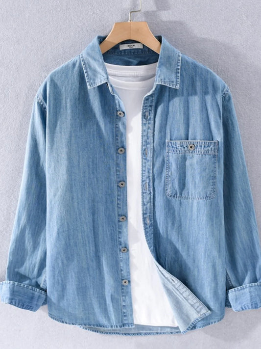 Washed Denim Cotton Shirt Men's Long Sleeve Loose Outerwear Casual Vintage Spring Thin Cotton Jeanswear Trendy Pure Color