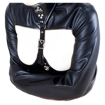 Black Leather Exposed Nipples Bra Arm Restraints Sleeve Adult SM Training Toys Bdsm Collar Body Harness Bondage Straight Jacket