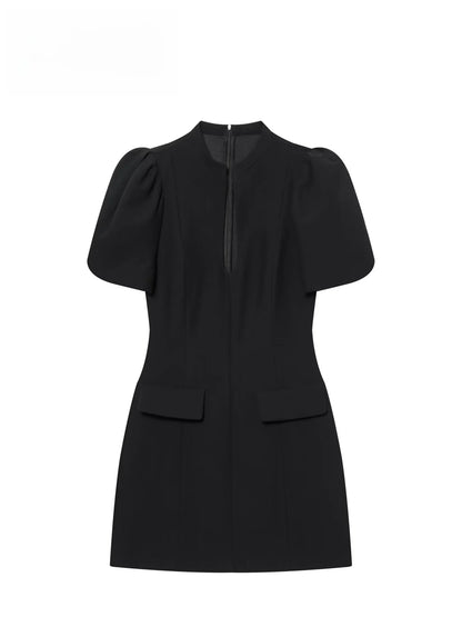 ZARK Fashionable round Neck Bubble Sleeve Short Dress Polyester High Waist Skirt for Women City Commuting Casual Wear Zipper ...