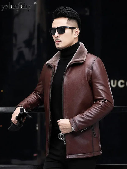 YOLANFAIRY Genuine Leather Jacket Men Midium Natural Leather and Fur Thick Winter Coat Male Clothing Jaquetas Masculina De Couro