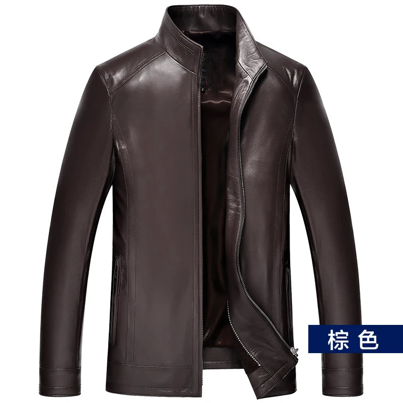 plus Size Men's Leather Jacket Stand Collar Genuine Sheepskin Coat Business Casual Style Autumn Wear Comfortable Fit Coat