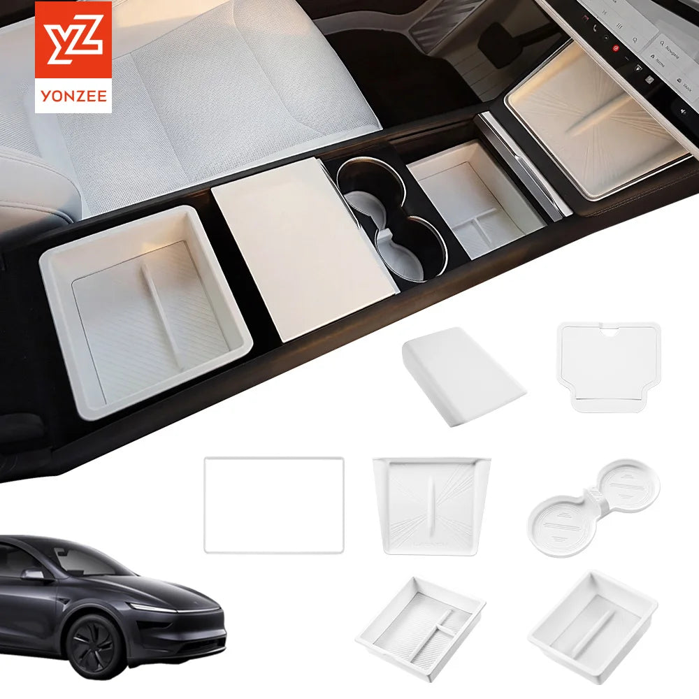 YZ For Tesla Model Y YL Juniper Model 3 Highland 2026 Console & Armrest Storage Box ABS Non-slip Mat Cup Holder Box Accessories