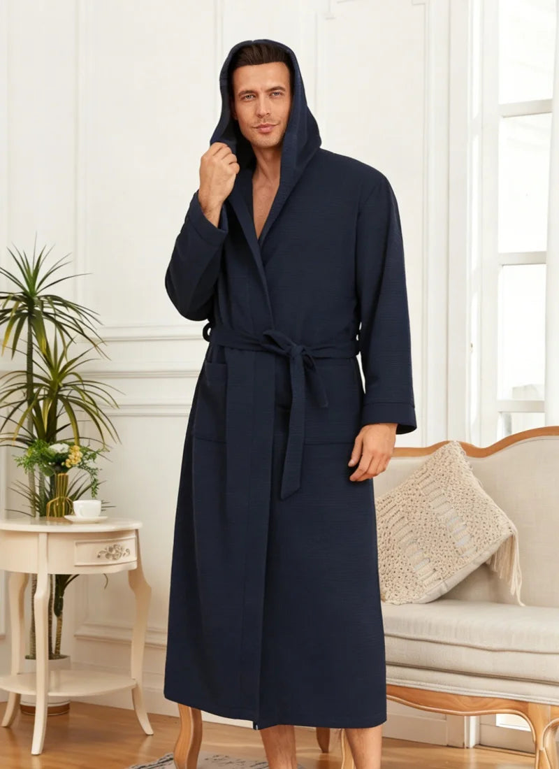 Mens Waffle Knit Hooded Bathrobe Navy Blue Kimono Style with Belt Pockets Soft Lightweight Spa Loungewear for Shower Hotel Home