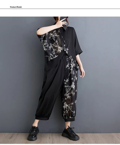 Summer New Loose Artistic Bamboo Print Cross Irregular irt Wide Leg Pants Two Piece Set Good Quali plus Size Faionable