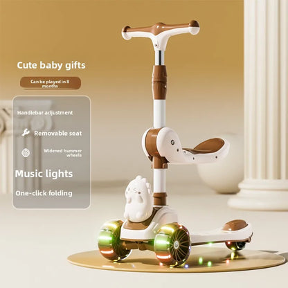 3-in-1 Kids Scooter Foldable Ride-On Toy with Light-Up Wheels, Adjustable Height, Removable Seat, Music & No Music Options, f