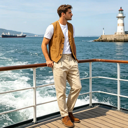 Men's Casual Linen Vest V-Neck Sleeveless Waistcoat Summer Lightweight Breathable Solid Color Button Up Vest For Daily Vacation