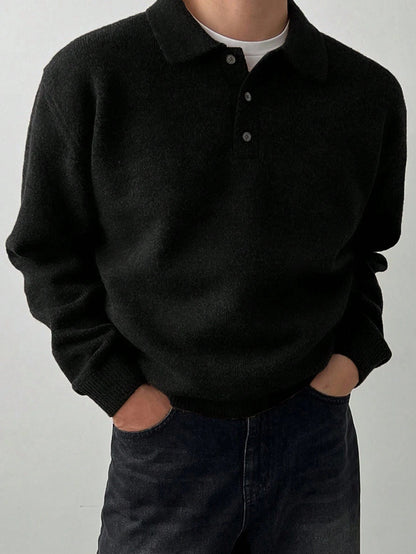 LVLAEA Solid Color Men Fall Winter Loungwear Shirt Long Sleeve Lapel Buttonup Collar Old Money Style Loose Warm Fashion Pullover