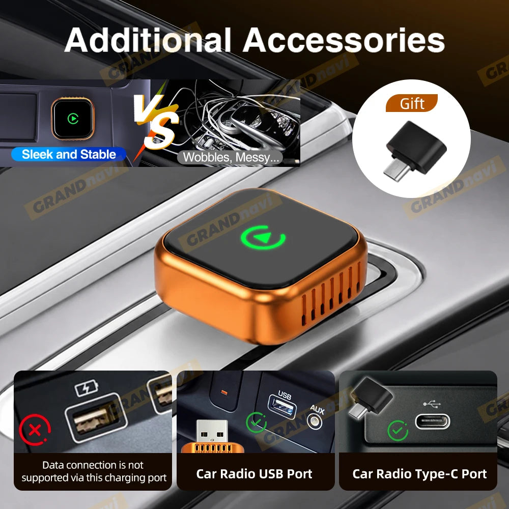 CarPlay Wireless Orange Adapter 2026 New Plug & Play Auto Connect No Delay Converts Wired to Wireless iPhone & Android