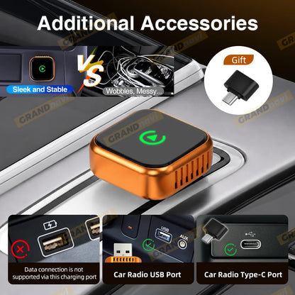 CarPlay Wireless Orange Adapter 2026 New Plug & Play Auto Connect No Delay Converts Wired to Wireless iPhone & Android