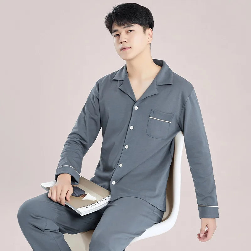 Blue Cotton Pajamas Winter Men Sleepwear Nightwear Full Sleeves PJ Pijama Hombre Home Clothes 2 Pieces Set Cotton Pyjama Homme