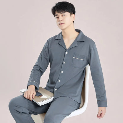 Blue Cotton Pajamas Winter Men Sleepwear Nightwear Full Sleeves PJ Pijama Hombre Home Clothes 2 Pieces Set Cotton Pyjama Homme