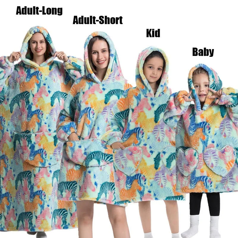 Halloween Family Matching Blanket Hoodies Women Cartoon Bear Dinosaur Sweatshirts Adult Oversized Warm Pullover Winter Clothes