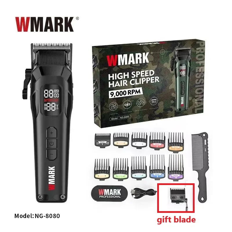 9000RPM WMARK NG-8080 Professional Hair Clipper 5 Speed Adjustment DLC FADE Blade Hair Trimmer Cutting Machine with Gift Blade