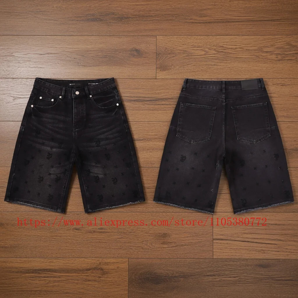 American Fashion Rhinestone-decorated Denim Shorts for Men Y2K Washed Blue Loose Denim Shorts Street Style Summer Casual Shorts