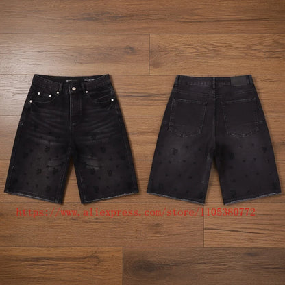 American Fashion Rhinestone-decorated Denim Shorts for Men Y2K Washed Blue Loose Denim Shorts Street Style Summer Casual Shorts