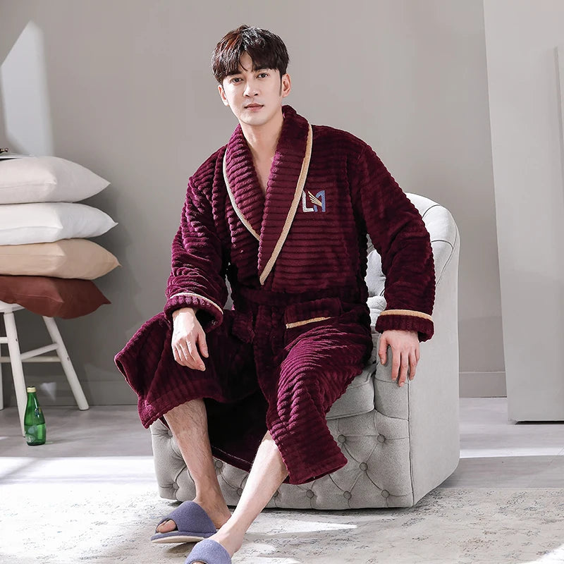 Men Sleepwear Robe Winter Flannel Thicken Terry Robe Male Long Sleeve Kimono Warm Bathrobe Home Wear Peignoir Men Robe