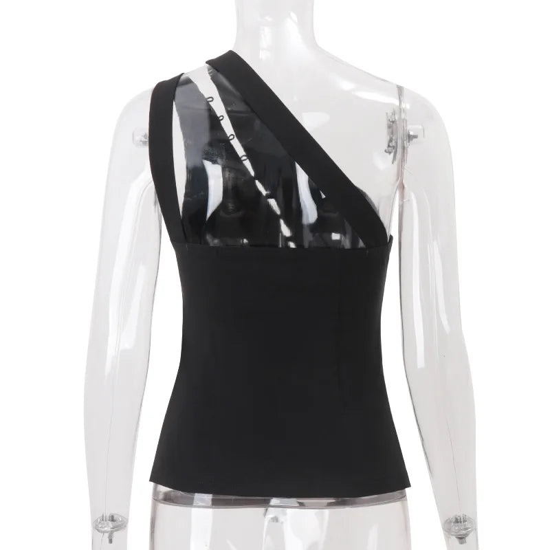 Cryptographic Elegant Asymmetrical Top with Hook and Eye Fashion Sexy Cut Out Backless Split Tops Slim Vest Summer Clothes