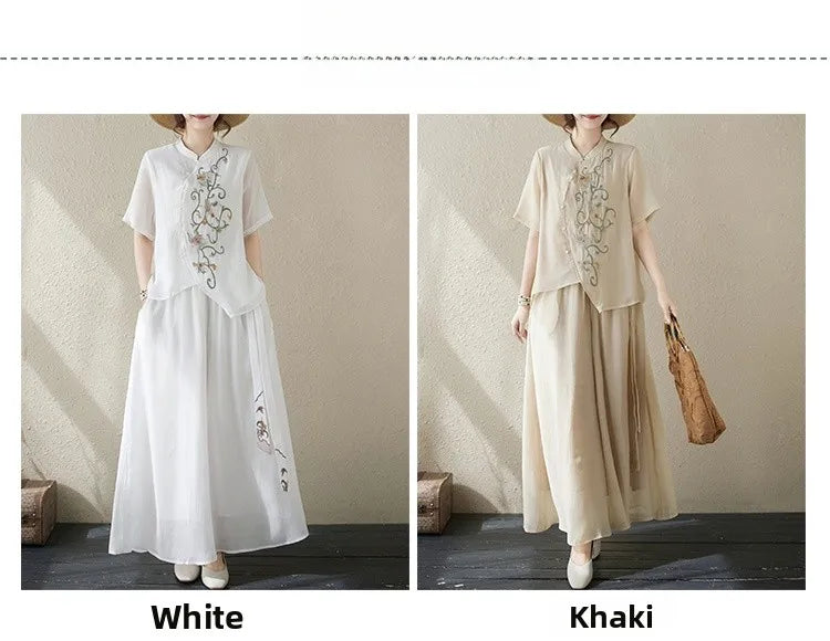 New National Style Heavy Embroidery  Set Women Summer Loose plus Size Fringed Wide Leg Pants Skirt Slimming Two Piece Set