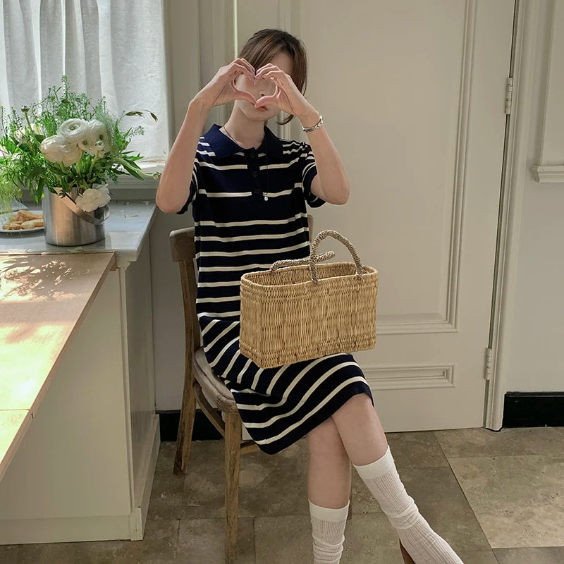 new Korean striped dress for women's summer, pure cotton straight tube mid length skirt