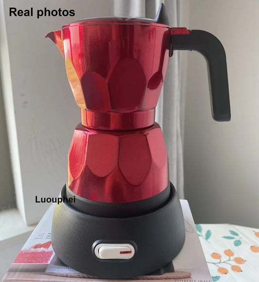 110V/220V Electric Coffee Maker Portable Aluminum Mocha Pot Electric Italian Coffee Maker Percolator for Home Red 150ml/3 Cups