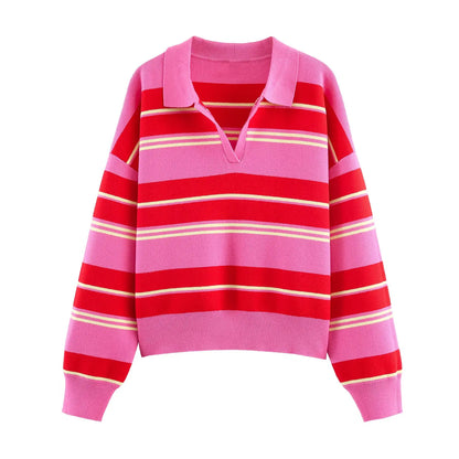 JNLEAOG Fashionable Striped Knitted  Shirt Women's Loose Fit Classic Pattern Long Sleeve Youthful Vitality Autumn New Arr...