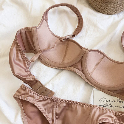 Sexy small half cup top support retro style niche underwear set bra glossy bralette with steel ring women lingerie panty suit