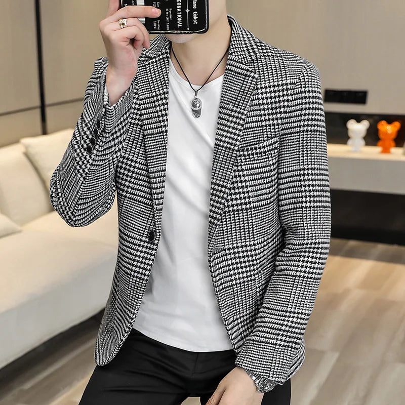 High-quality Men's Fashionable Small Suit Korean-style Slim-fit Top, Cool and Casual Plaid Single Suit, Trendy Formal Jacket