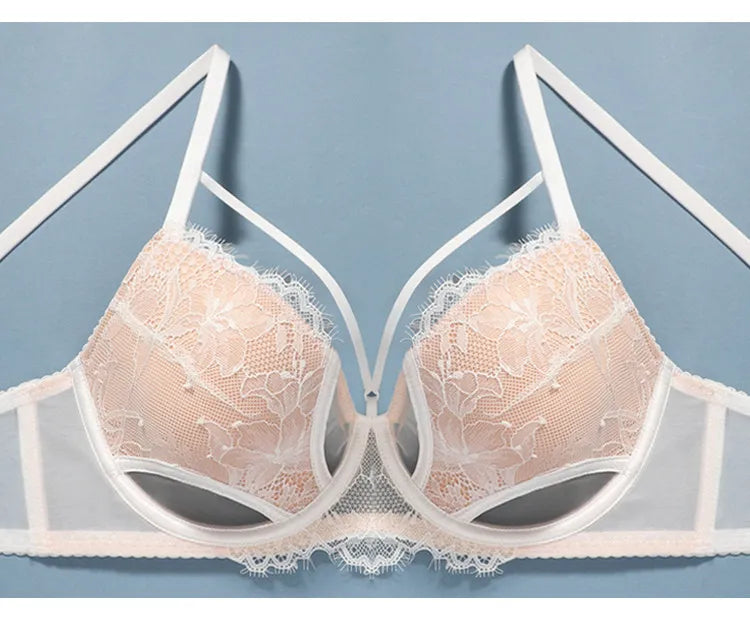 Hot Sale French Lace Bra Soft Underwire High Support Push Up Anti Sagging Sexy Nude Back Stylish Bra Size S-XL 32-38 Hot Search