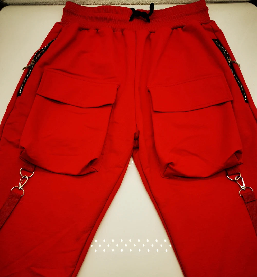Mens Running Stretch Tights Sweatpants Sports Breathable Fitness Hip Hop Cotton Multi Pocket Cargo Pants Slim Leggings Chain