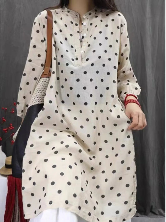 Vintage Polka Dot Cotton Linen Shirt Dress Women's Loose Summer New Style Tagless Big Brand Tailored Goods Midi Dress