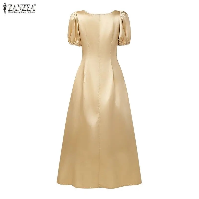 ZANZEA Elegant Chic Women Satin Wedding Guest Party Long Dresses Square Neck Short Puff Sleeve Fitted Waist A-Line Dress S-3XL
